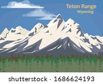 Teton Range, mountain range of the Rocky Mountains in North America, Wyoming, United States, vector illustration