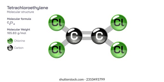 Tetrachloroethylene molecular structure formula. Periodic table structural molecular formula Vector design. Pharmaceutical compounds and composition. Easily printable product with correct CPK colour.