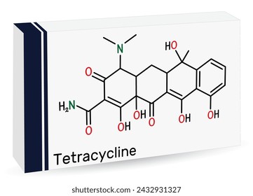 Tetracycline drug molecule. It is an antibiotic used to treat a wide variety of susceptible infections. Skeletal chemical formula. Paper packaging for drugs. Vector illustration