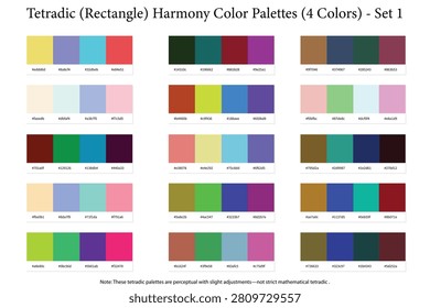 Tetradic (Rectangle) Harmony Color Palettes Set 1 - 4 Color Combination, Perceptual Mode - 15 Color Combos with HEX Codes, Colour Palette Schemes