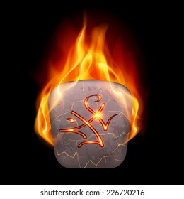 Tetragonal ancient stone with magic rune in orange flame