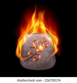 Tetragonal stone with magic rune in orange flame