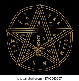 Tetragrammaton - five pointed star. Occult pentagram vector illustration t-shirt print.