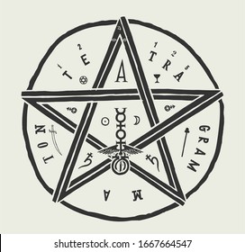 Tetragrammaton kabbalah pentagram t-shirt print. Vintage occult symbol illustration.