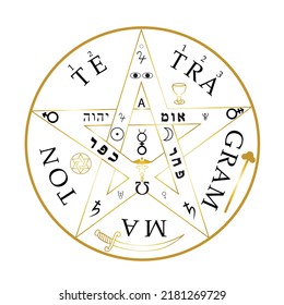 Tetragrammaton Pentagram, medieval ancient symbol of name of God in Hebrew letters. sacred magic symbol of knowledge logo, mathematical equation for the essence of the universe.