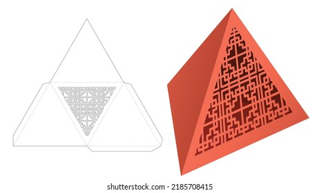 Tetrahedon box with stenciled pattern die cut template and 3D mockup