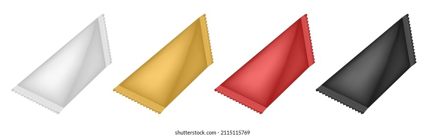 Tetrahedral packaging set. Triangular cardboard package for beverage, juice and milk. Liquid product carton package. Korean cosmetics box. White, gold, red and black packing.