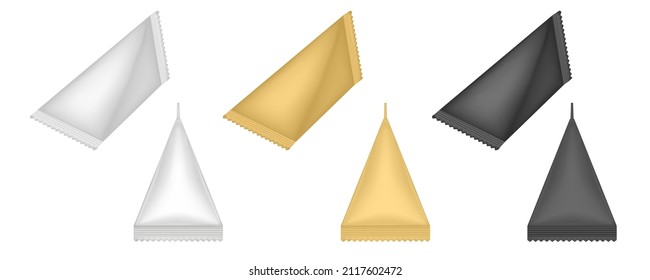 Tetrahedral packaging set. Triangular cardboard package for beverage, juice and milk. Liquid product carton package. Korean cosmetics box. White, gold and black packing.
