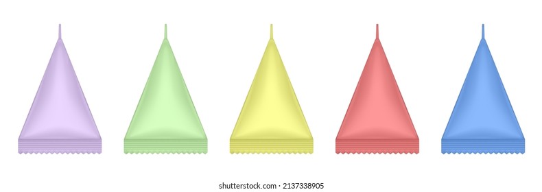 Tetrahedral packaging set. Triangular cardboard package for beverage, juice and milk. Liquid product carton package. Korean cosmetics box. Green, red, yellow, pink and blue packing.
