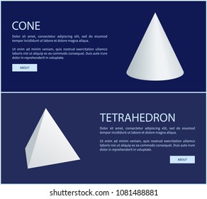 Tetrahedron and cone geometric figures web posters with push button about, geometry shapes online banners isolated on blue, add text sample