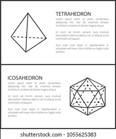 Tetrahedron and icosahedron set of posters with text sample and headlines, tetrahedron and icosahedron images, vector illustration isolated on white