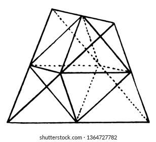 The tetrahedron octahedron shows is also known as a triangular pyramid. Not a polygon composed of four triangular faces, vintage line drawing or engraving illustration.