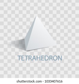 Tetrahedron white geometric figure with sharp angles and even size sides in shape of regular triangles that casts shade isolated vector illustration on transparent background