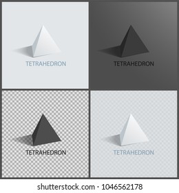 Tetrahedrons figures, vector prisms collection, dark and bright transparent backdrops, black and white pyramids, triangular prisms, colorful templates