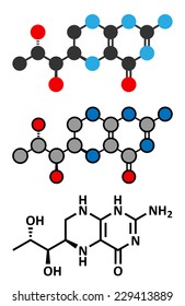 Tetrahydrobiopterin (sapropterin) phenylketonuria drug molecule. Cofactor to a number of aromatic amino acid hydroxylase enzymes. Conventional skeletal formula and stylized representations. 
