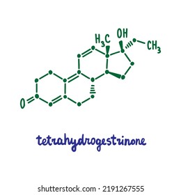 Tetrahydrogestrinine hand drawn vector formula chemical structure lettering blue green lettering