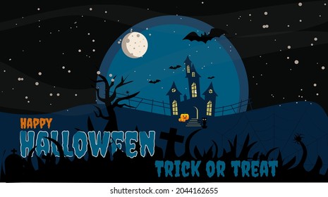 Tetric house banner in nightscape with pumpkin and black cat
