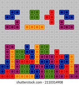 Tetris. Bricks game. Bright blocks on light gray background. Elements for retro game. Vector illustration