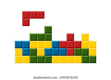 Tetris Game Blocks. Colorful and geometric shapes reminiscent of classic video game. Ideal for gaming-related designs, retro themes or creative projects aiming for nostalgic touch. Tetris Game process