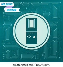 Tetris icon on a green background, with arrows in different directions. It appears on the electronic board. Vector illustration