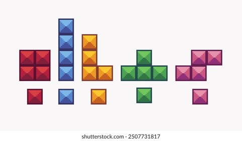 Tetris pieces pixel art set. Logic game puzzle constructor collection. Geometric square shapes 8 bit. Game development, mobile app. Isolated vector illustration. 