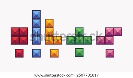 Tetris pieces pixel art set. Logic game puzzle constructor collection. Geometric square shapes 8 bit. Game development, mobile app. Isolated vector illustration. 