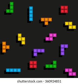 Tetris Pixel Bricks Pieces - Vector Pattern. Black Background Game.