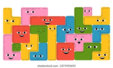 Tetris smile game concept. Popular retro video game and arcade. Various geometric figures with differents colors. Cartoon flat vector illustration isolated on white background