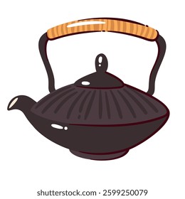 Tetsubin, Japanese cast iron teapot for brewing tea. Traditional kettle with spout, lid and wooden handle. Asian tea ceremony mascot, pot to brew drink cartoon vector illustration