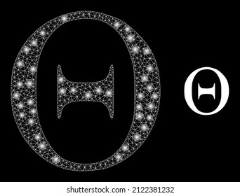 Tetta Greek letter icon and glowing net mesh Tetta Greek letter model with bright light spots. Illuminated model is done using Tetta Greek letter vector icon and triangle mesh.