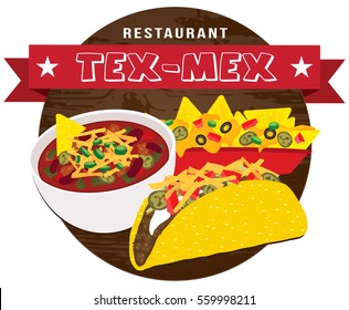 Tex Mex Food Banner On Wooden Background Vector Illustration With Nacho Taco And Chili Bowl Ai.10