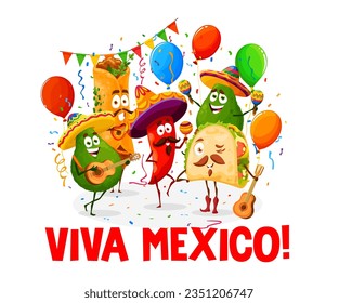 Personajes de Tex mex food en el cartel de viva mexico. Vector de dibujos animados aguacate, burrito, tacos y pimienta roja con sombrero mexicano y bigotes con música maracas y guitarra en celebración del festival nacional