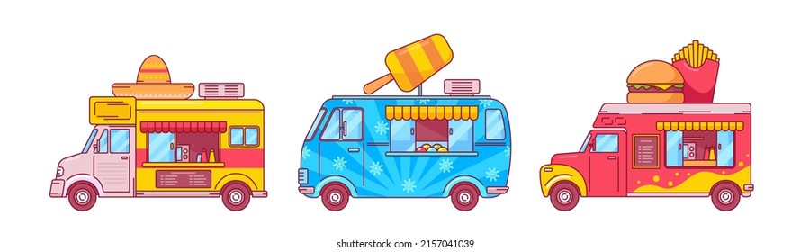 Tex Mex, Ice Cream, French Fires And Burger Food Trucks. Vans For Street Junk Food Selling, Car Cafe Or Restaurant On Wheels, Transportation With Fastfood Meal Menu. Cartoon Linear Vector Illustration