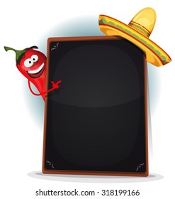 Tex Mex Menu With Chili Pepper And Sombrero/
Illustration of a funny cartoon red hot chili pepper spice, showing blackboard mexican menu for hot meals and and south american food restaurants