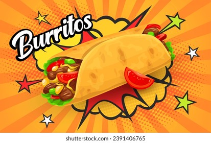 Tex Mex Mexican burrito with retro comic halftone bubbles, vector food poster. Mexican cuisine fast food or restaurant menu with burrito wrap and chili pepper on halftone with cloud boom background