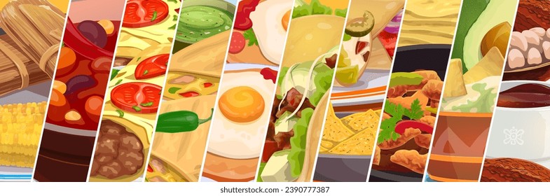 Tex mex mexican cuisine food collage. Vector Mexico meal, spicy taco, burrito, nachos and quesadilla with guacamole, chili beans, chicken fajitas and corn tamale, hot chocolate and enchilada dishes