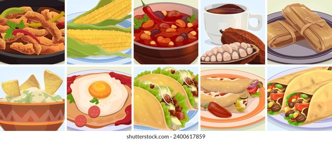 Tex mex mexican cuisine food and drink collage. Meal of Mexico, vector taco, burrito, chili beans and corn, fajitas, huevos rancheros, enchiladas, nacho and guacamole, hot chocolate and tamale dessert