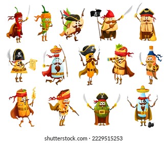 Tex mex mexican food pirates and corsairs funny characters. Vector jalapeno, tacos, nachos and burrito, tamale, pulque, tequila, avocado and churro with chimichanga or mezcal filibuster personages svg