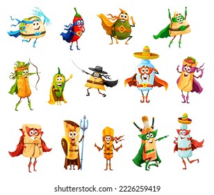 Tex mex mexican food superhero and defender characters. Isolated vector tacos, burrito, chili pepper and nachos, enchiladas, jalapeno, tamale and chimichanga with tequila, churros, mezcal and pulque svg