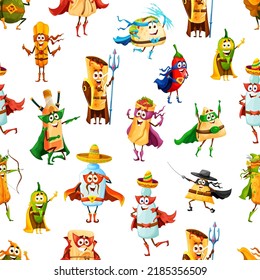 Tex Mex Mexican food superheroes and defenders seamless pattern, vector background. Cartoon super hero characters pattern, burrito and taco in Mexican sombrero, nachos and churros, avocado and tequila