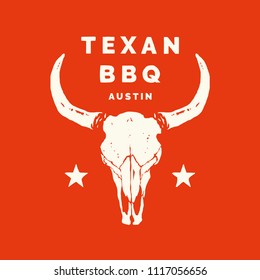 Texan BBQ Austin Longhorn Food and Drink Illustration Logo Vector