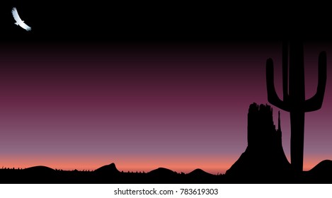 A Texan desert dark sunset scene with cactus

