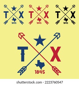 Texas with acronym TX 1845 with arrow bow state of texas map lone star sign billbord background advertisement brochure template banner website cover package design product presentation vector eps.