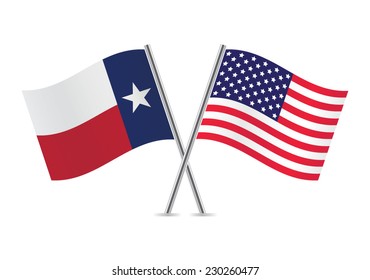 Texas and America crossed flags. Texan and American flags on white background. Vector icon set. Vector illustration.