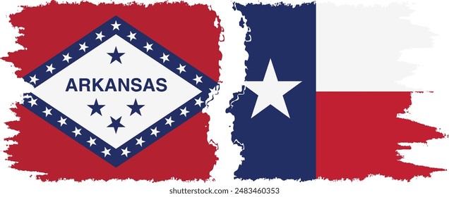 Texas and Arkansas states grunge brush flags connection, vector