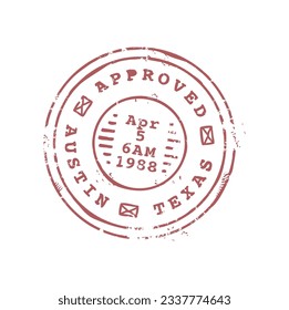 Texas Austin postage mark, mail post round seal, ink postmark with letter sign. Vector print on postcard, US America mail delivery international mail stamp