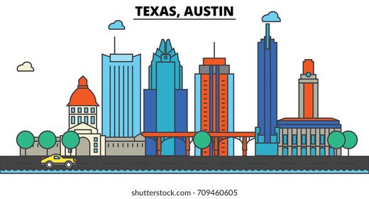 Texas, Austin.City skyline: architecture, buildings, streets, silhouette, landscape, panorama, landmarks, icons. Editable strokes. Flat design line vector illustration concept.
