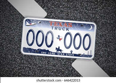 Texas auto license plate, on the asphalt. Detailed object. Flat vector illustration.