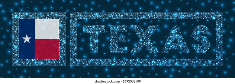 Texas badge. Flag of Texas in glowing network geometric style. Powerful vector illustration.