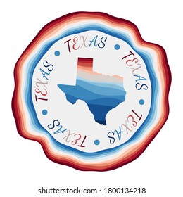Texas badge. Map of the US state with beautiful geometric waves and vibrant red and blue frame. Vivid round Texas logo. Vector illustration.